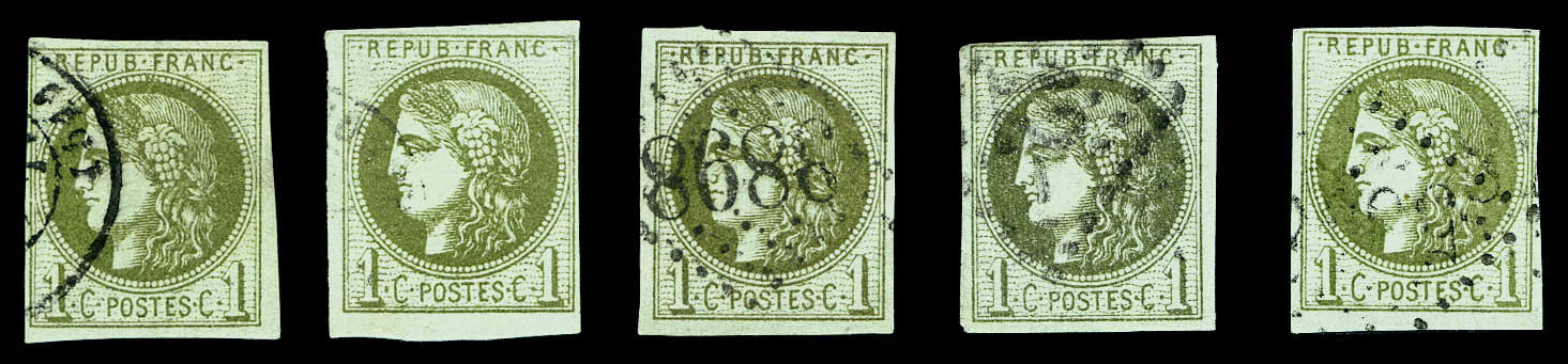 O 1c Bordeaux, 5 Exemplaires Dont Nuances (Rep I, II X2 Et III X2). TB   Qualité: O   Cote: 1065 Euros - 1870 Emisión De Bordeaux
