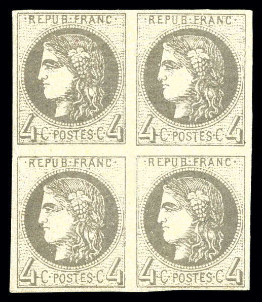 ** N°41Ba, 4c Gris Jaunâtre Rep 2, Bloc De Quatre, Fraîcheur Postale. SUP (signé Calves/certificat)   Qualité: ** - 1870 Emission De Bordeaux