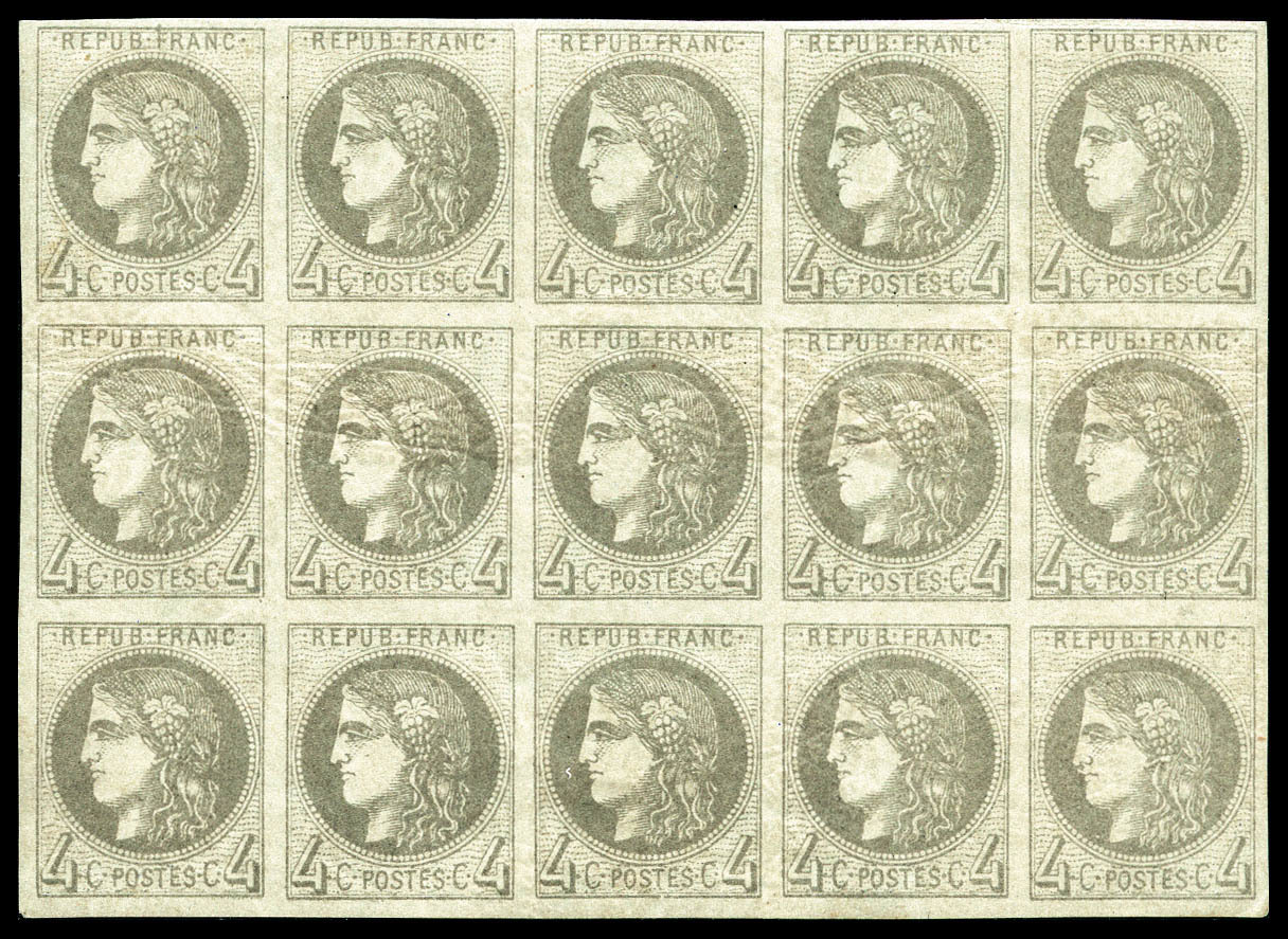 ** N°41Bb, 4c Gris Foncé Report 2, Bloc Report De 15 Exemplaires (5ex*), Fraîcheur Postale. Qualité Exceptionnelle. R.R. - 1870 Ausgabe Bordeaux