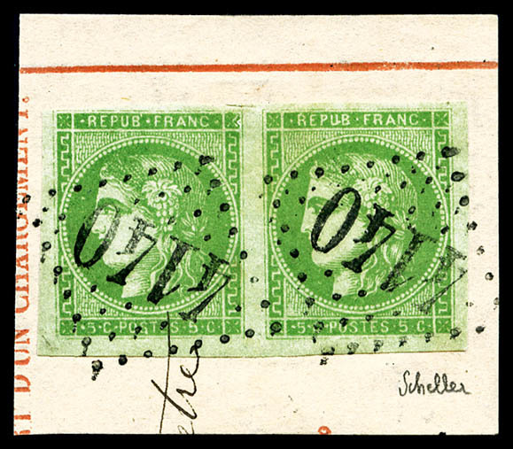 O N°42B, 5c Vert-jaune Rep 2 En Paire Obl GC 4140 Sur Petit Fragment, SUP (signé Brun/Scheller/certificat)   Qualité: O - 1870 Emission De Bordeaux
