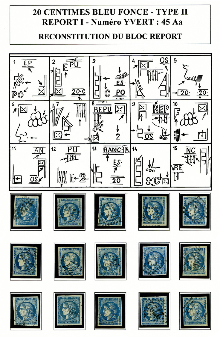 O N°45Aa, 20c BLEU FONCE Type 2 Report I: Bloc Report De 15 Exemplaires Reconstitué Dont Nuances, Tous TB/SUP. R. (certi - 1870 Emission De Bordeaux