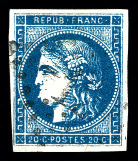 O N°45B, 20c Bleu Type II Report 2, Menton Déformé. Spectaculaire. R.R. TTB (certificat)   Qualité: O - 1870 Emissione Di Bordeaux