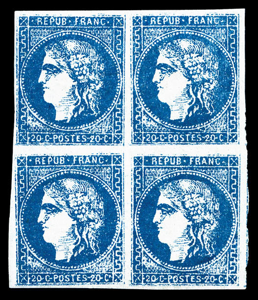 ** N°46B, 20c Bleu Type III Report 2: FAUX DE MARSEILLE En Bloc De Quatre, FRAÎCHEUR POSTALE, SUPERBE (certificat)    Qu - 1870 Emission De Bordeaux