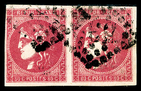 O N°49, 80c Rose Vif Foncé En Paire, Nuance Rare, SUP (signé Scheller/certificat)   Qualité: O - 1870 Emission De Bordeaux