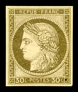 ** N°56b, 30c Brun Non Dentelé, Fraîcheur Postale, SUP (signé Brun/certificat)   Qualité: ** - 1871-1875 Cérès
