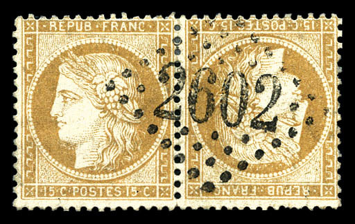 O N°59b, 15c Bistre En Paire Tête-bêche Obl GC '2602', TRÈS JOLIE PIÈCE, RARE (signé Scheller/certificat)   Qualité: O   - 1871-1875 Cérès