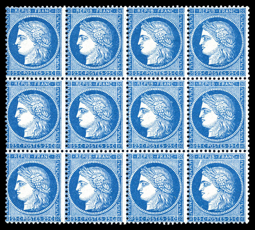 ** N°60A, 25c Bleu Type I En Bloc De 12 Exemplaires (1ex*), Fraîcheur Postale. SUP. R. (signé Brun/Calves/certificat)    - 1871-1875 Cérès