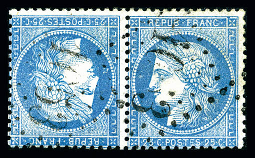 O N°60Ab, 25c Bleu En Paire Tête-bêche, Oblitération Légère, R.R. SUP (signé Calves/certificat)   Qualité: O   Cote: 550 - 1871-1875 Cérès