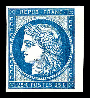 * N°60Ac, Granet, 25c Bleu Non Dentelé, Bord De Feuille. TTB (certificat)   Qualité: *   Cote: 650 Euros - 1871-1875 Cérès