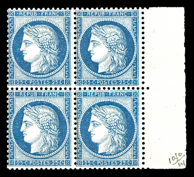 ** N°60C, 25c Bleu Type III, Bloc De 4 Bdf (2ex*), TTB (certificat)   Qualité: ** - 1871-1875 Cérès