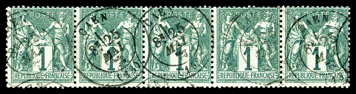 O N°61, 1c Vert Bande Horizontale De 5 Obl Càd De Caen, SUP (certificat)   Qualité: O   Cote: 680 Euros - 1876-1878 Sage (Type I)
