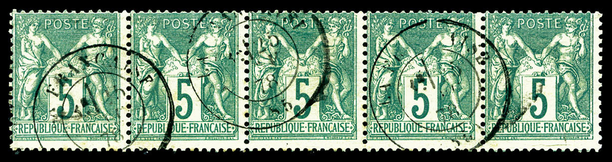 O N°64, 5c Vert Type I En Bande De Cinq, TB   Qualité: O   Cote: 400 Euros - 1876-1878 Sage (Type I)