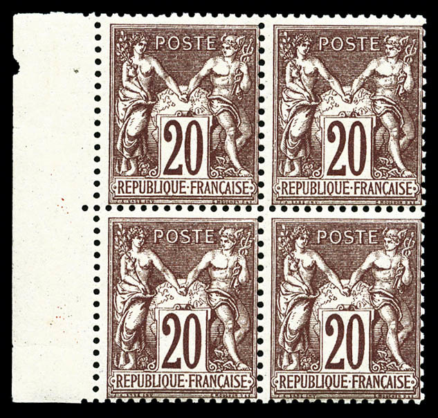 ** N°67, 20c Brun-lilas Type I En Bloc De Quatre Bord De Feuille Latéral Gauche, Fraîcheur Postale, SUPERBE (certificat) - 1876-1878 Sage (Type I)
