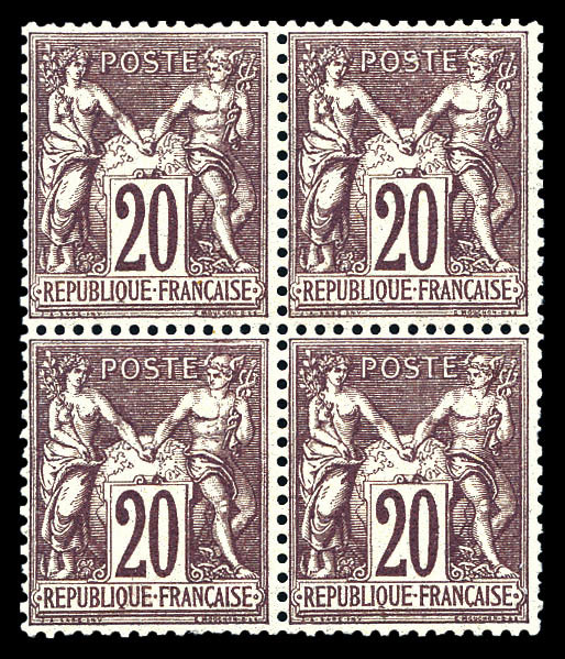 * N°67d, 20c Brun-lilas Foncé En Bloc De Quatre (1ex**), Grande Fraîcheur. SUP (signé Scheller/certificat)   Qualité: *  - 1876-1878 Sage (Type I)