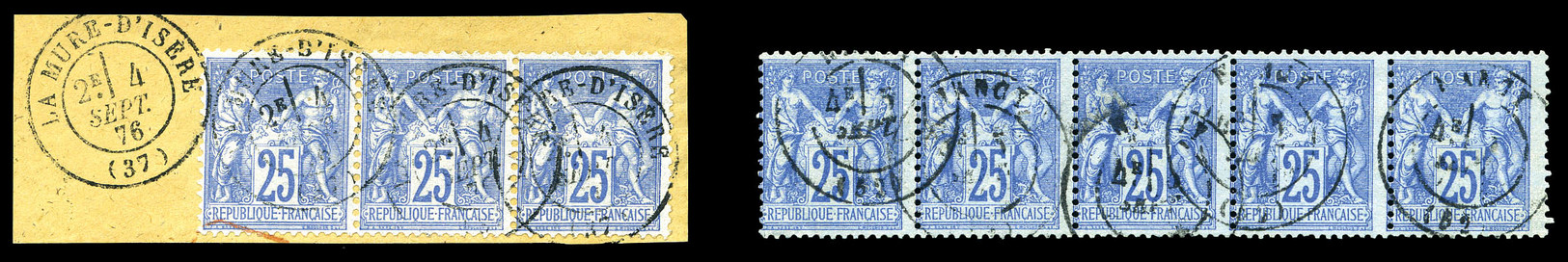 O N°68, 25c Outremer Type I, Bande De 5 Et Bande De 3 Exemplaires. TTB (signé Brun/certificat)   Qualité: O   Cote: 795  - 1876-1878 Sage (Type I)