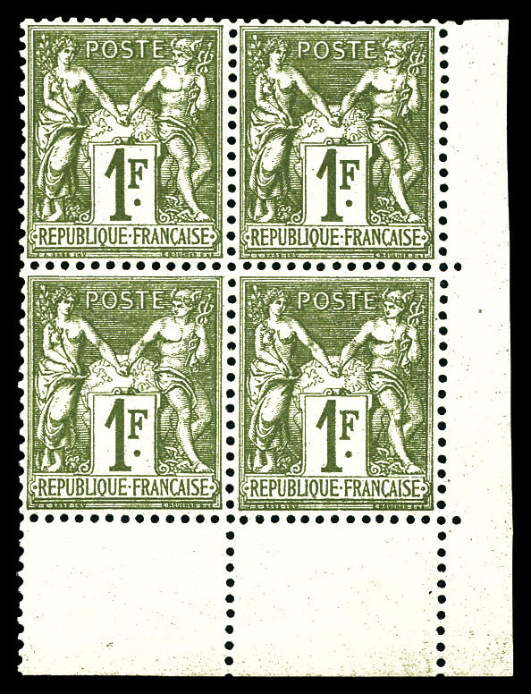 ** N°72, 1f Bronze Type I En Bloc De Quatre Coin De Feuille, Très Bon Centrage, Fraîcheur Postale. SUPERBE. R.R.R (signé - 1876-1878 Sage (Type I)