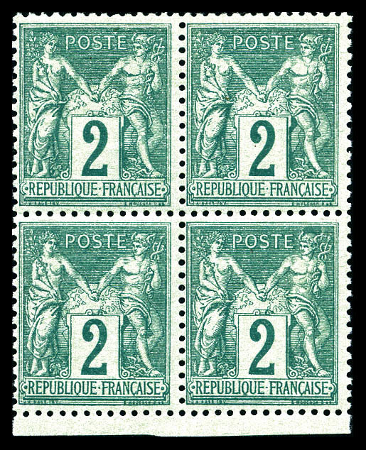 ** N°74, 2c Vert Type II, Bloc De Quatre Bdf, Fraîcheur Postale, SUP (certificat)   Qualité: ** - 1876-1878 Sage (Tipo I)