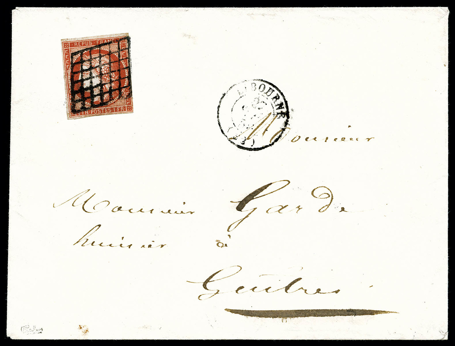 O N°7a, 1F Vermillon-vif Oblitération Grille Sur Petite Lettre, Départ De Libourne Le 27 Septembre 1850 à Destination De - 1849-1876: Periodo Classico