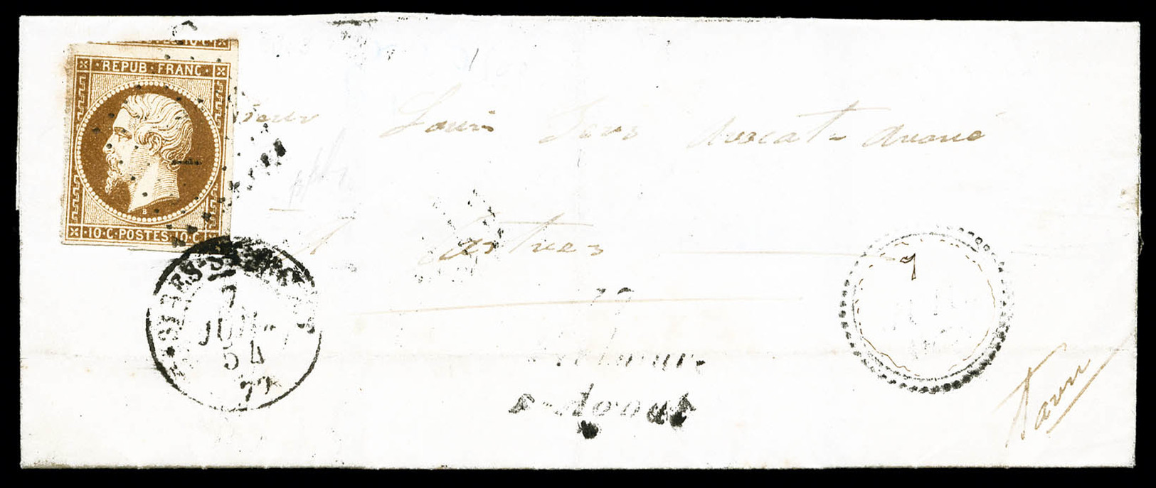 O N°9, 10c Bistre-jaune Obl PC + Cursive Sur Lettre Du 7 Juillet 1854 De Vielmur Sur Agout Pour Castres, TB (certificat) - 1849-1876: Période Classique