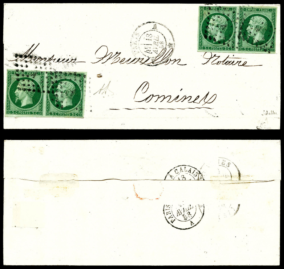 O N°12c, 5c Vert Foncé Sur Vert: 2 Paires Sur Lettre De Paris Le 18 Avril 1858 Pour Comines. SUP. R. (signé Brun/Schelle - 1849-1876: Période Classique