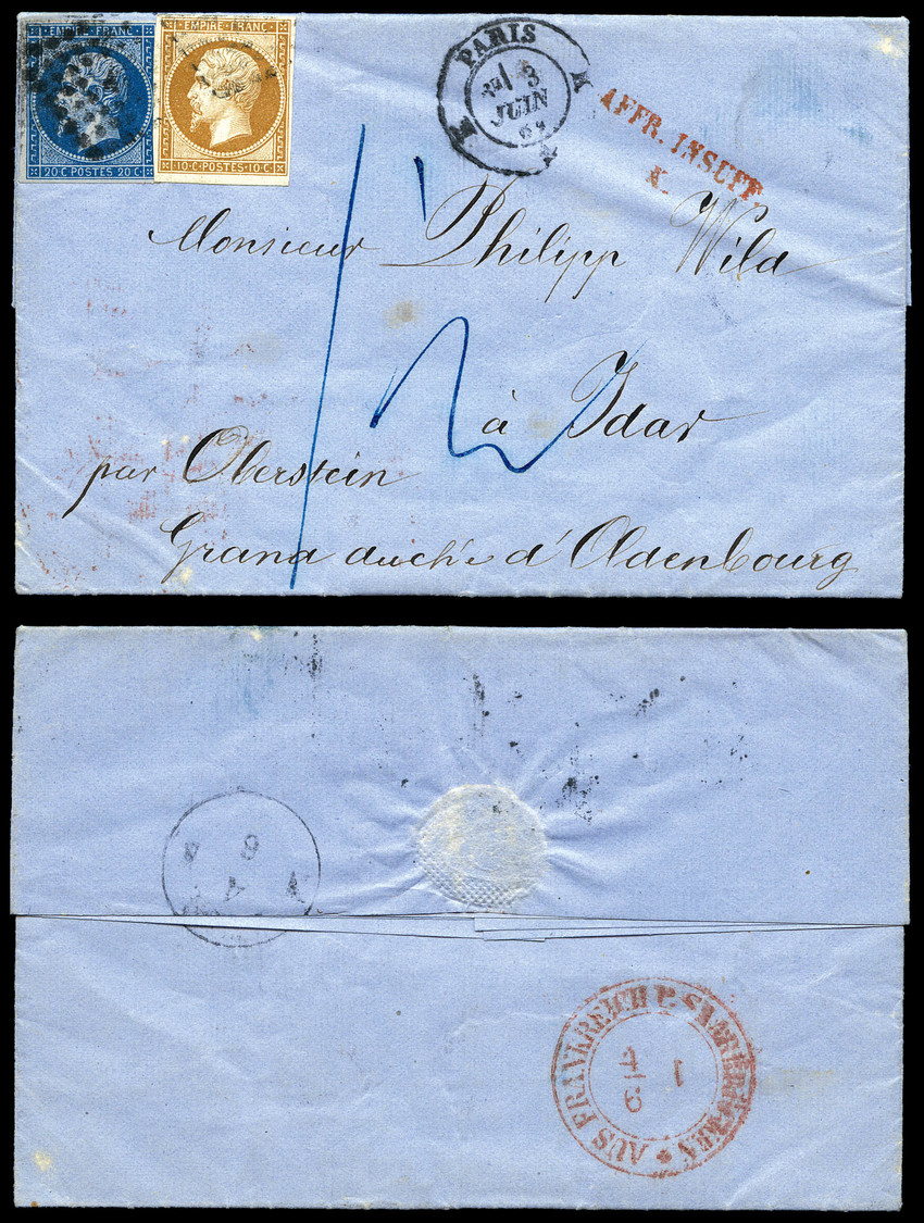 O Empire, 20c Bleu +10c Bistre (N°13B Et 14) Sur Lettre De Paris Le 3 Juin 1861 Pour Idar, Grand Duché D'Oldenbourg. TTB - 1849-1876: Klassik