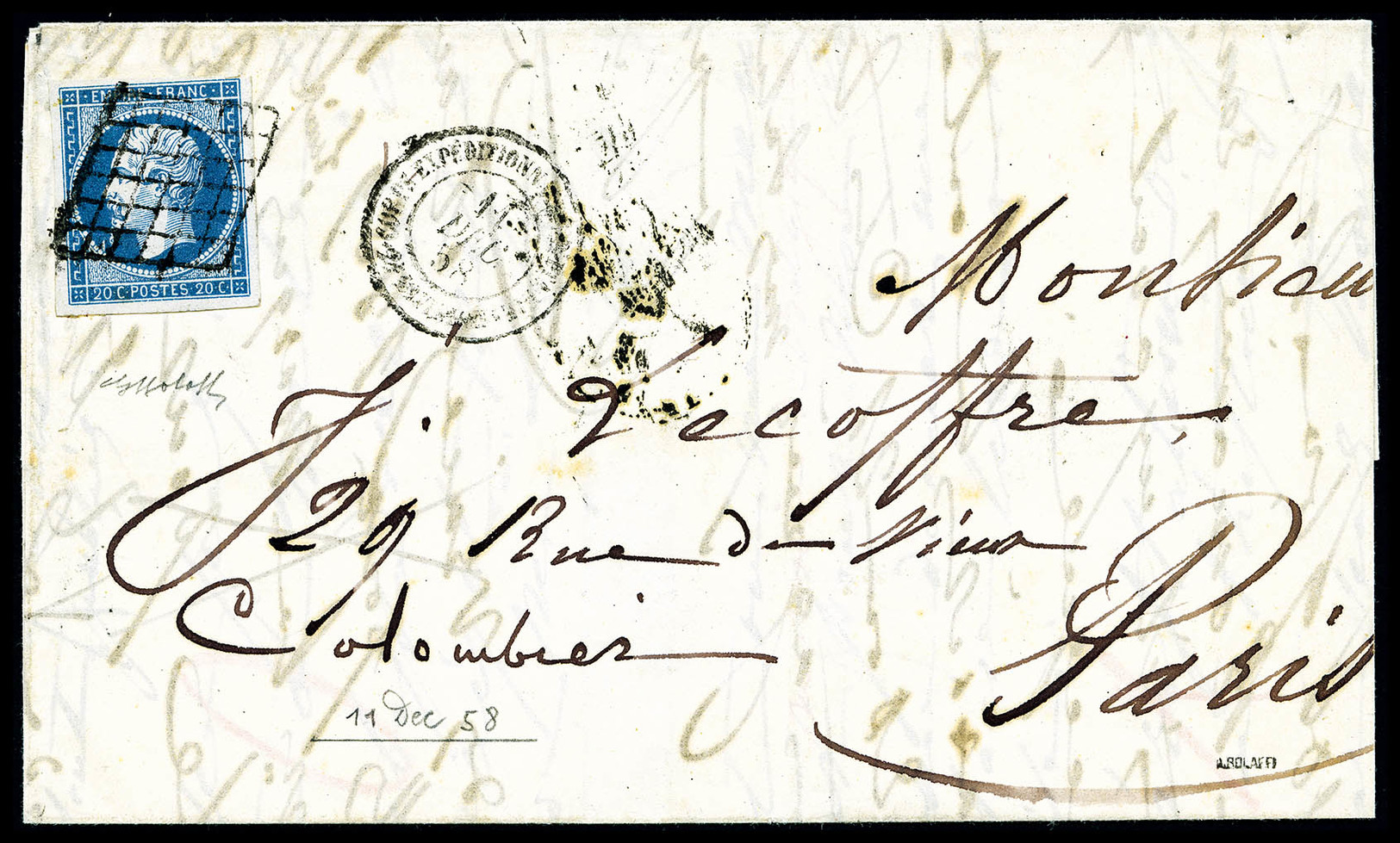 O N°14, 20c Bleu Sur Lettre Obl Grille + Cachet Corps Exp D'Italie 2ème Division Du 11/12/1858 à Déstination De Paris, S - 1849-1876: Période Classique