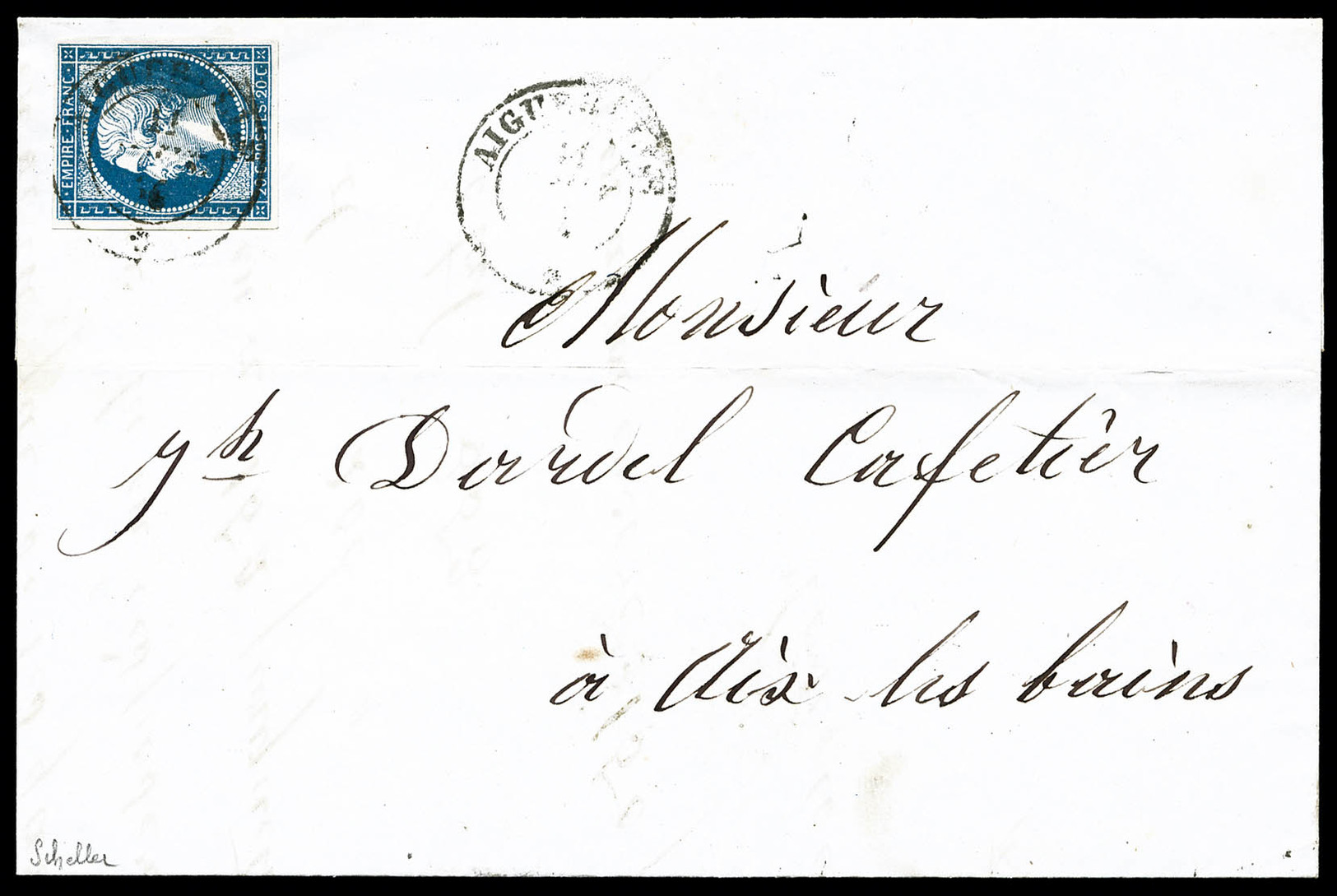 O N°14A, 20c Bleu Obl Sarde 'Aiguebelle' Sur Lettre à Déstination D' Aix Les Bains, RRE Et TTB (signé Scheller/certifica - 1849-1876: Klassik