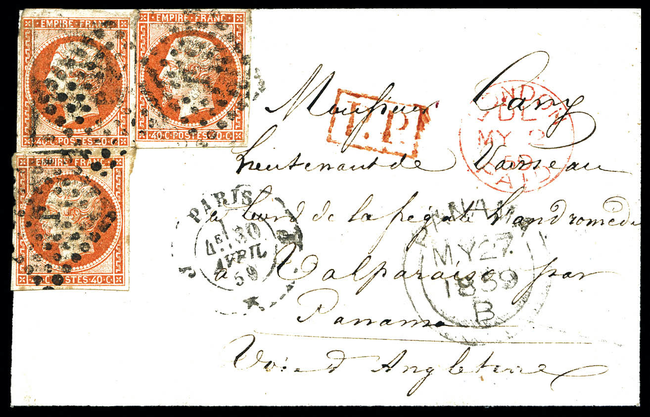 O N°16, 40c Empire X 3 Ex Sur Lettre De Paris Le 30 Avril 1859 Pour Valparaiso (Chili), Passage à Londres Le 2/5/59 Et P - 1849-1876: Période Classique