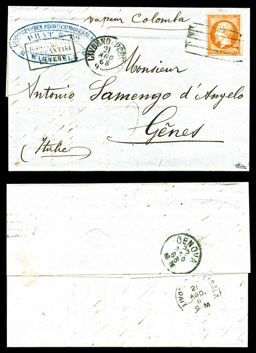 O N°23, 40c Orange Obl Barres De Libourne Sur Lettre De Marseille Pour Gênes. SUP. R.R (signé Calves/certificat)   Quali - 1849-1876: Période Classique