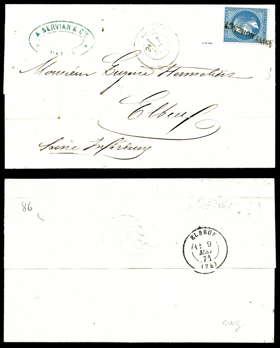 O N°29A, 20c Bleu Sur Lettre Du 7 Mai 1871 Obl Grille De MONTMORENCY, SUP (signé Margues/certificat)   Qualité: O - 1849-1876: Periodo Classico