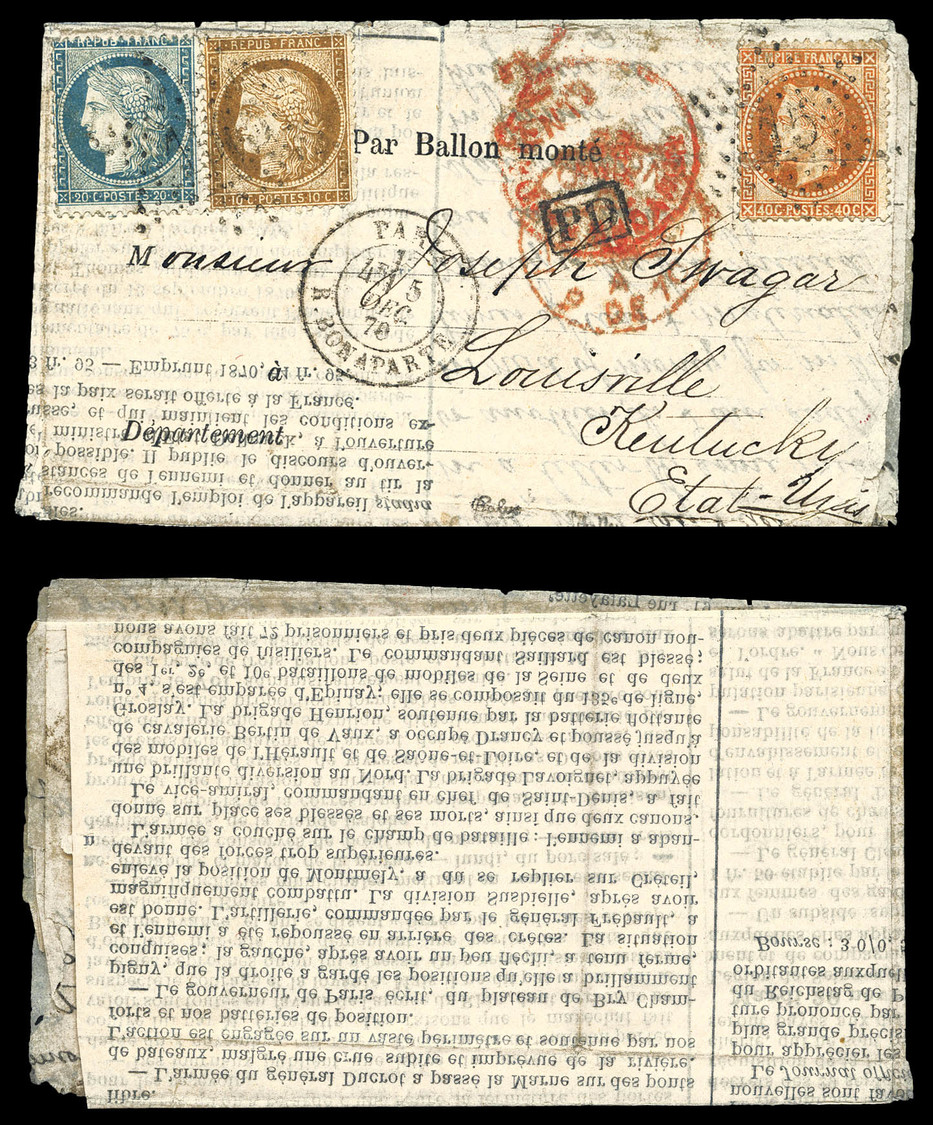 O LE BALLON POSTE N°10' Affranchi Avec 40c Lauré Et Siège 10c +20c Oblitérés étoile '15' + Càd 'Paris R.Bonaparte' Du 5  - Guerre De 1870