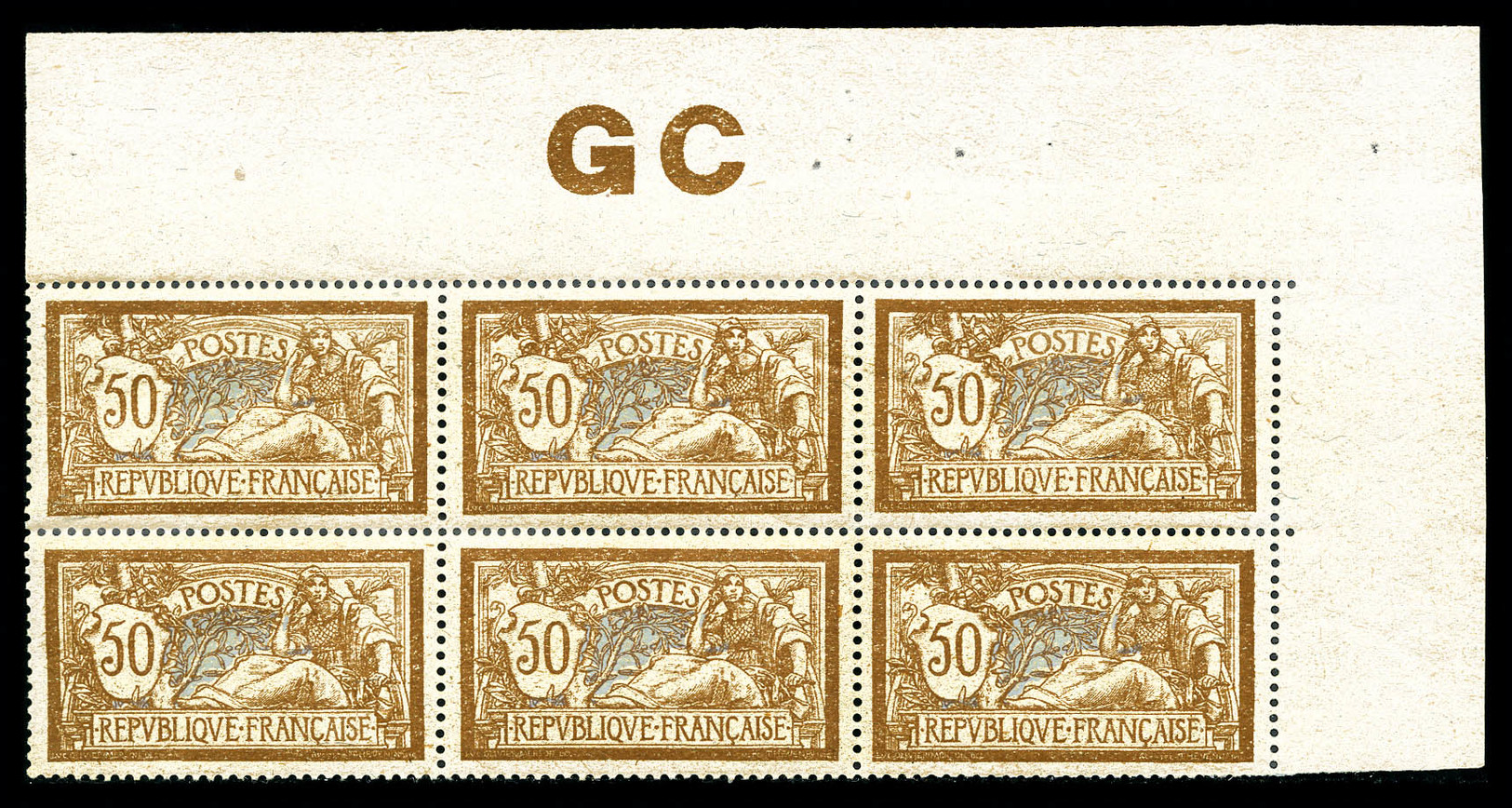 ** N°120d, 50c Merson, Bloc De 6 Exemplaires Cdf Avec Manchette 'GC' (1ex*), Très Bon Centrage. SUP (certificat)   Quali - 1900-02 Mouchon