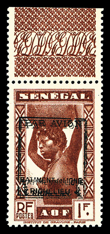 ** N°6, Timbre Du Sénégal, 1F Brun-rouge, DOUBLE SURCHARGE 'BATIMENT DE LIGNE RICHELIEU', Bord De Feuille Supérieur, R.R - Poste Aérienne Militaire