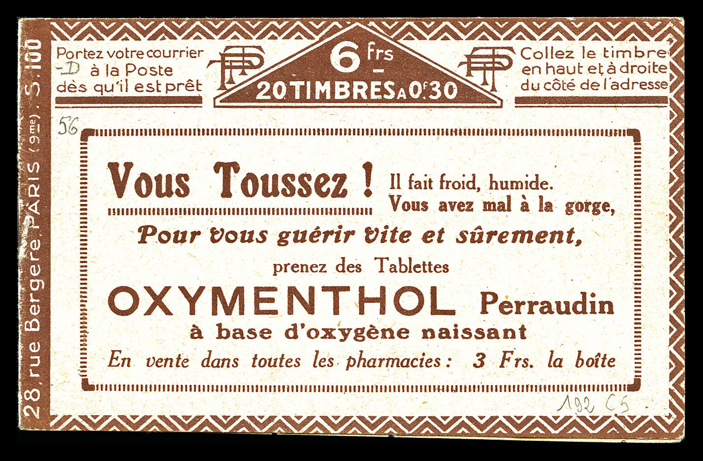 ** N°192-C5, Série 100-D, OXYMENTHOL X2, Décalque Sur La Gomme. TB   Qualité: ** - Autres & Non Classés