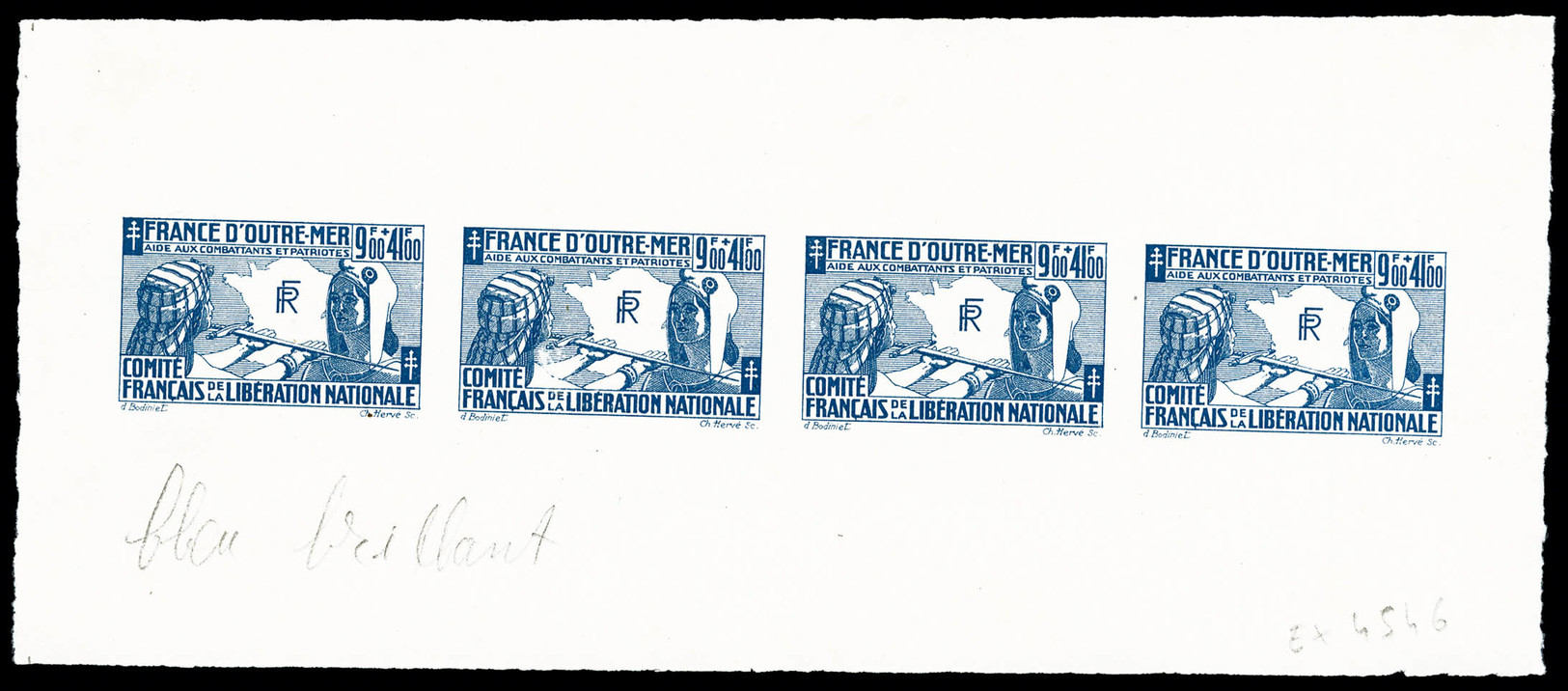 ** Pour L'aide Aux Combattants 9f +41f: épreuve En Bleu De 4 Ex Sur Feuillet Gommé, R.R.R. (certificat)   Qualité: ** - Guerre (timbres De)