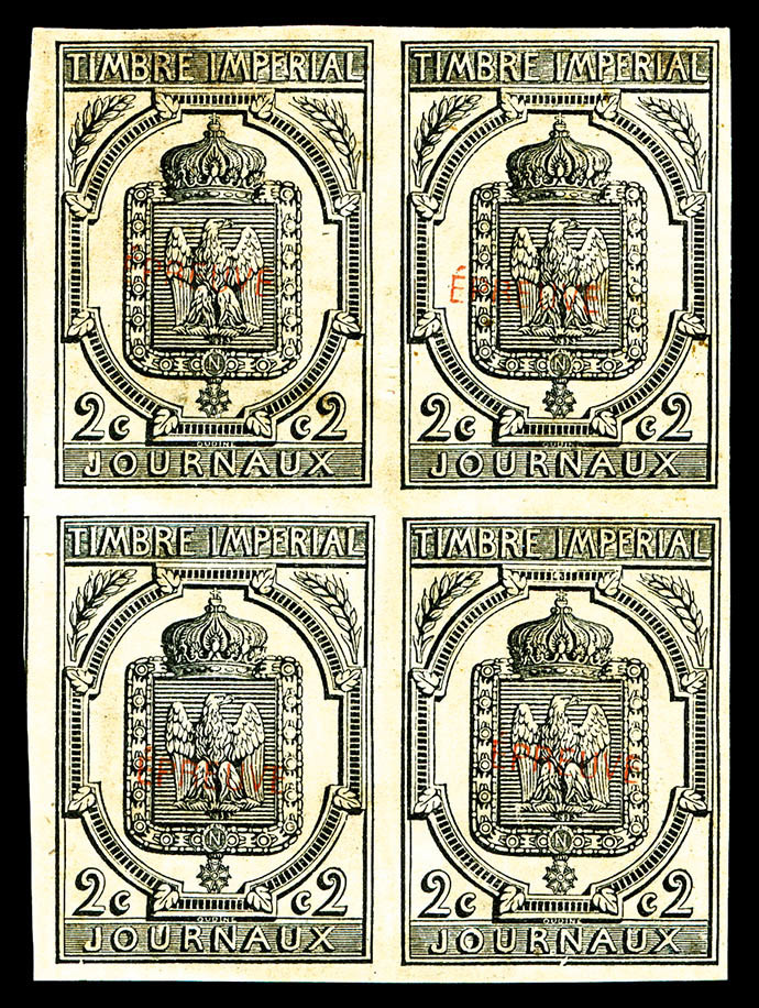 (*) N°1A, 2c, Essais En Noir Non Dentelé Surchargé 'EPREUVE' Rouge En Bloc De Quatre, GRANDE RARETE, SUPERBE (signé/cert - Guerre (timbres De)