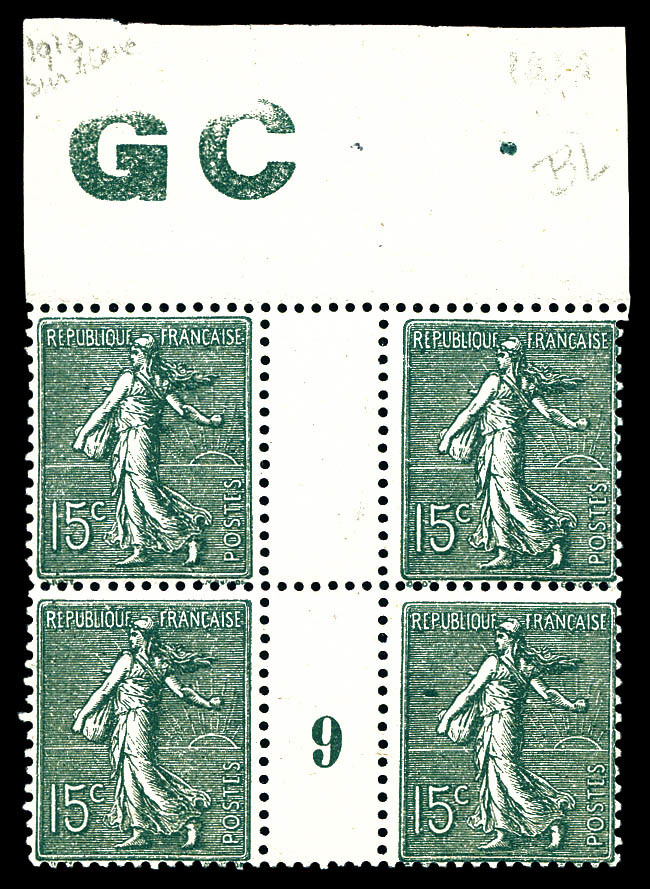 ** N°130, 15c Vert-gris: Bd4 Millésime '9' Avec Manchette 'GC' Papier Blanc, TB   Qualité: **   Cote: 150 Euros - Millésimes