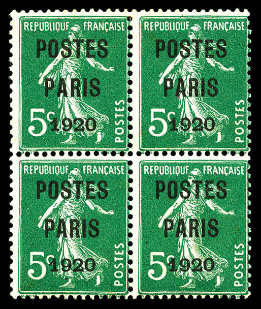 ** N°24, 5c Vert Surchargé 'POSTE PARIS 1920' En Bloc De Quatre (2ex*), Fraîcheur Postale, SUPERBE Et RARE (signé Calves - 1893-1947