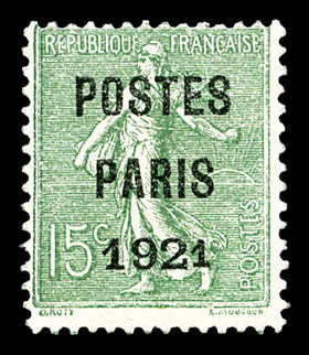(*) N°28a, 15c Vert-olive. Postes Paris 1921. Grands Chiffres '192' (Inconnu Avec Gomme). R.R.R. Superbe (signé Scheller - 1893-1947