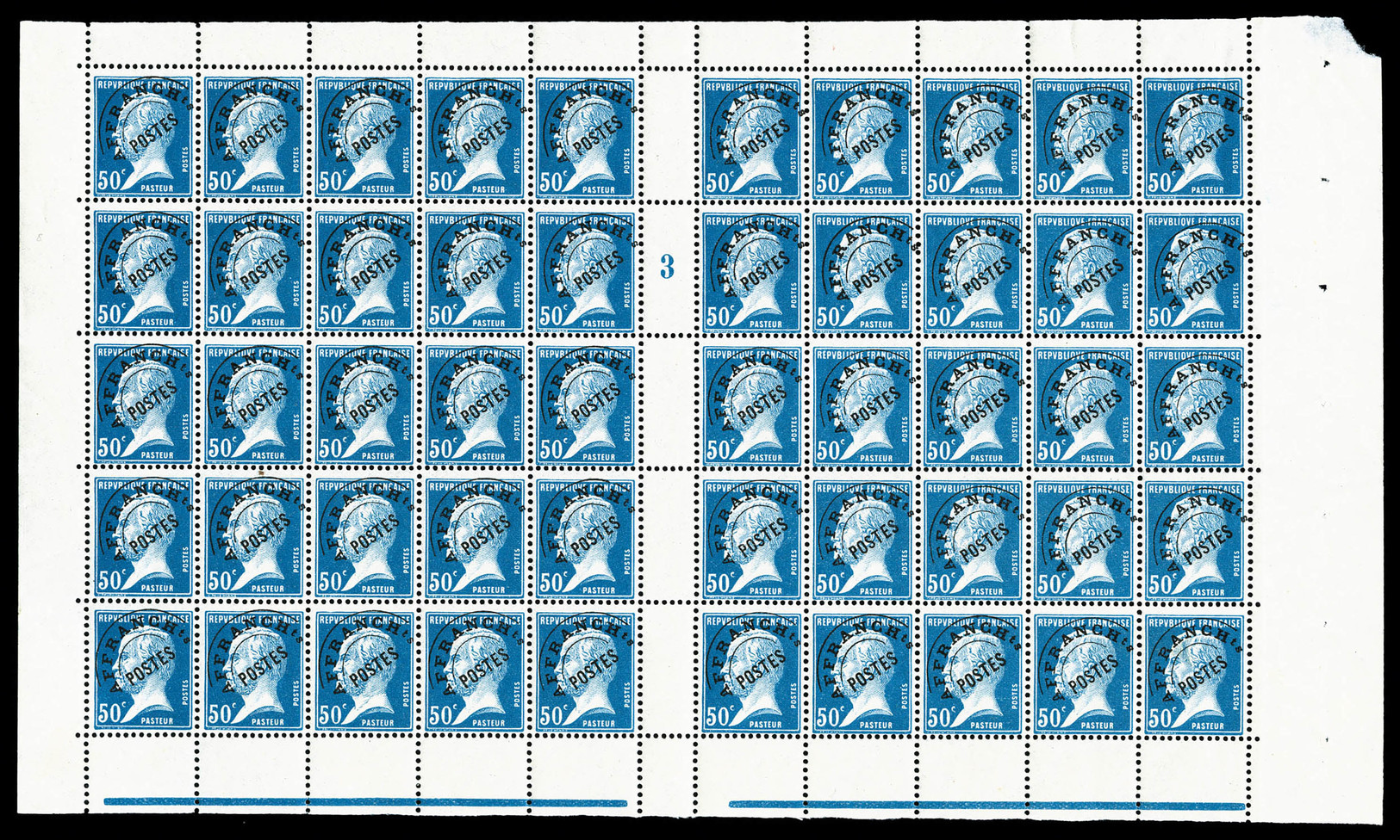 ** N°68, Pasteur, 50c Bleu Surchargé En Feuille De 50 Exemplaires Millésime '3', PIECE SUPERBE Et R.R.R. (certificat)    - 1893-1947