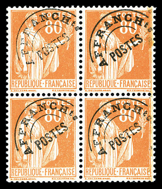 ** N°75, Paix 80c Orange: SURCHARGE PARTIELLEMENT EFFACEE Tenant à Normaux Dans Un Bloc De Quatre, SUP (signé/certificat - 1893-1947