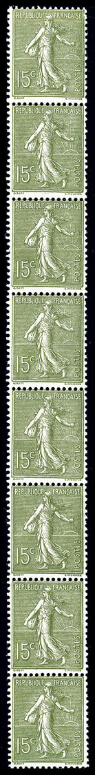 ** N°3, Semeuse Lignée 15c Vert-gris, Bande Verticale De 8 Exemplaires. R.R. SUP (certificat)   Qualité: **   Cote: 1650 - Roulettes