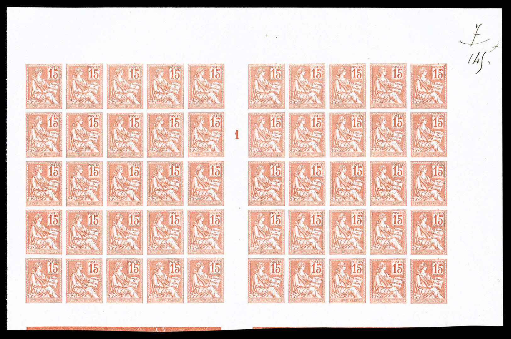 (*) N°117c, Mouchon, 15c Non-dentelé En Feuille De 50 Exemplaires Avec Millésime '1', SUP (certificat)   Qualité: (*)    - Neufs