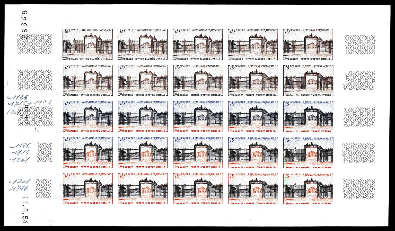 ** N°988, 18f Versailles, Feuille Complète De 25 Exemplaires Dont 15 Multicolores, Daté Du 11.6.54. TTB (certificat)   Q - Sonstige & Ohne Zuordnung