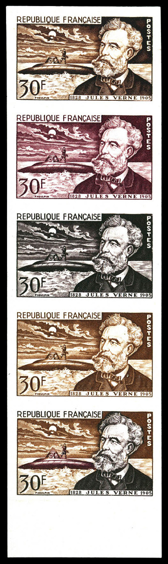 ** N°1026, Jules Vernes, Bande De 5 Exemplaires Dont 1 Multicolore. TB   Qualité: **   Cote: 315 Euros - Autres & Non Classés
