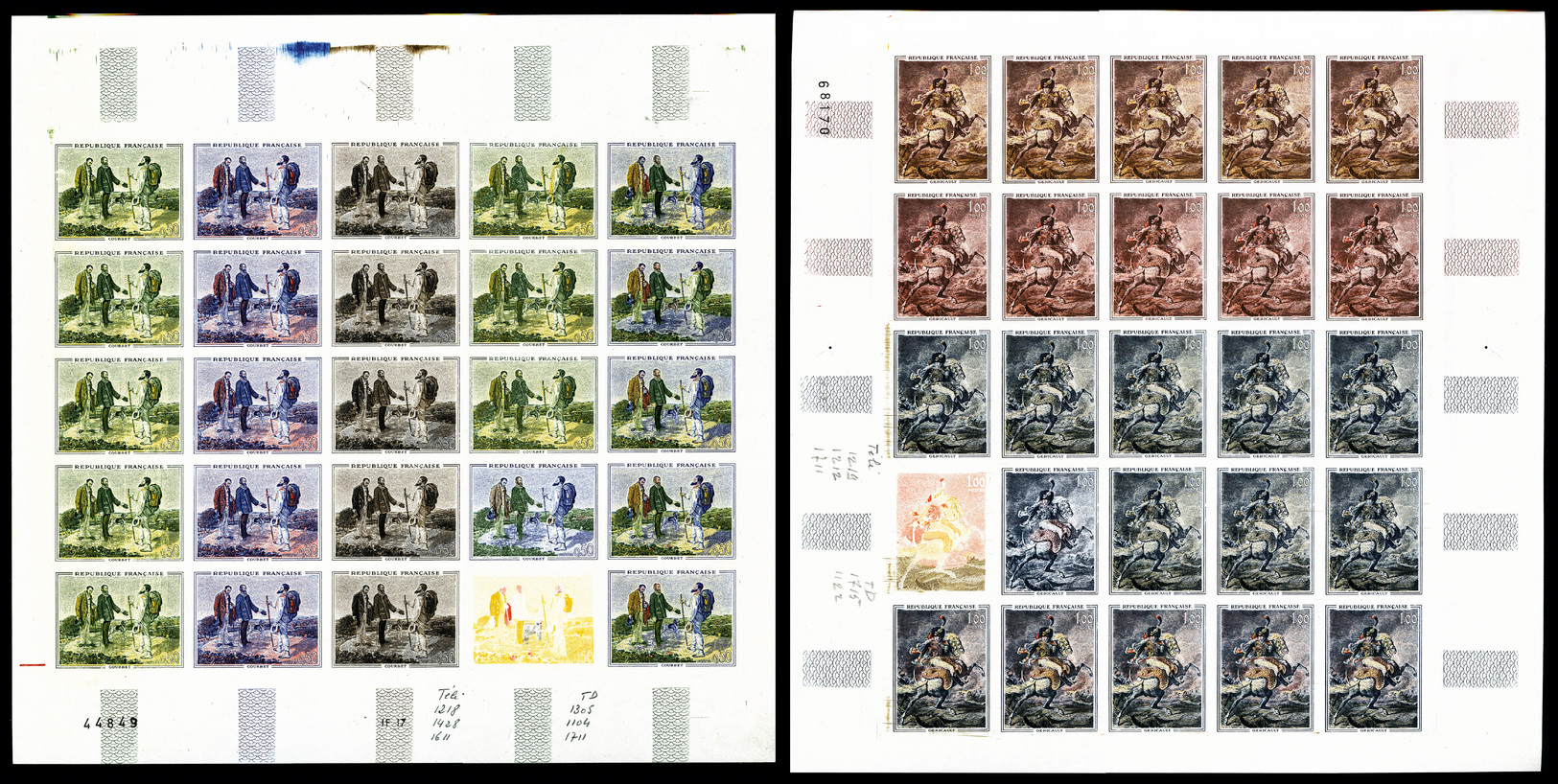 ** N°1363/65, Série Courbet, Manet Et Géricault: Essais Multicolore En 3 Feuilles Complètes De 25 Exemplaires. R.R.R. SU - Autres & Non Classés