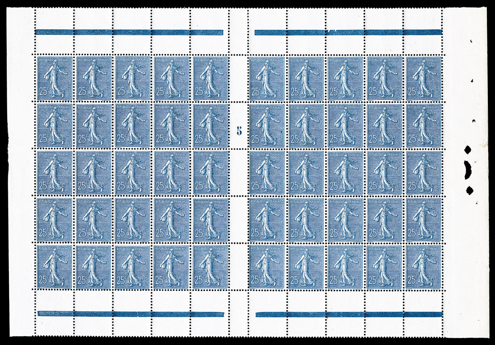 ** N°132, Semeuse, 25c Bleu En Feuille De 50 Exemplaires Avec Millésime '5', Très Bon Centrage D'ensemble, SUP (certific - Feuilles Complètes