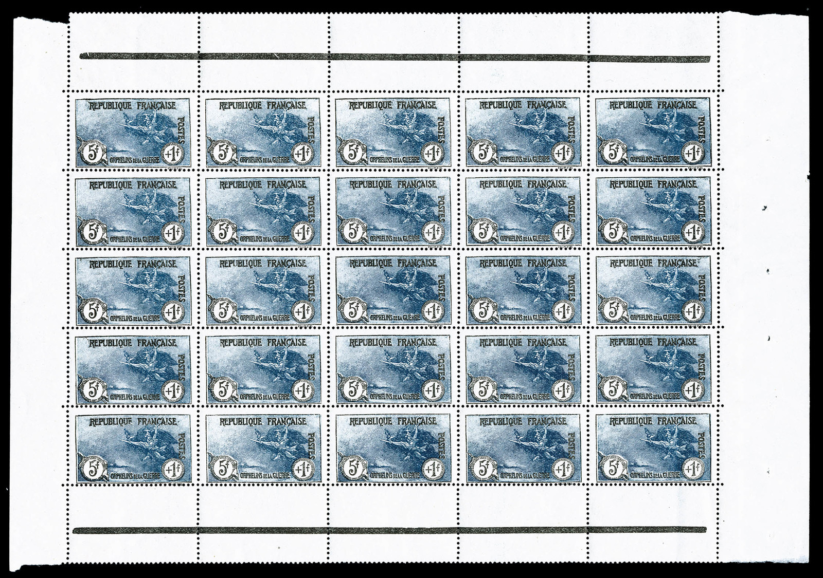 ** N°232, Orphelins, 5F +1F Noir Et Bleu En Feuille De 25 Exemplaires Avec Liserets D'encadrement, Fraîcheur Postale, Ra - Feuilles Complètes