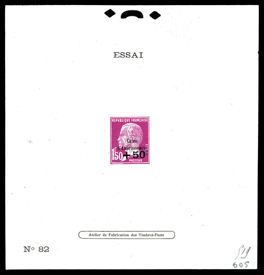 (*) épreuve D'atelier, Type Non émis: Mention 'Essai N°82' 1f50 Violet Clair +50c Noir Pasteur CA, R.R.R Et SUP (certifi - Epreuves D'artistes