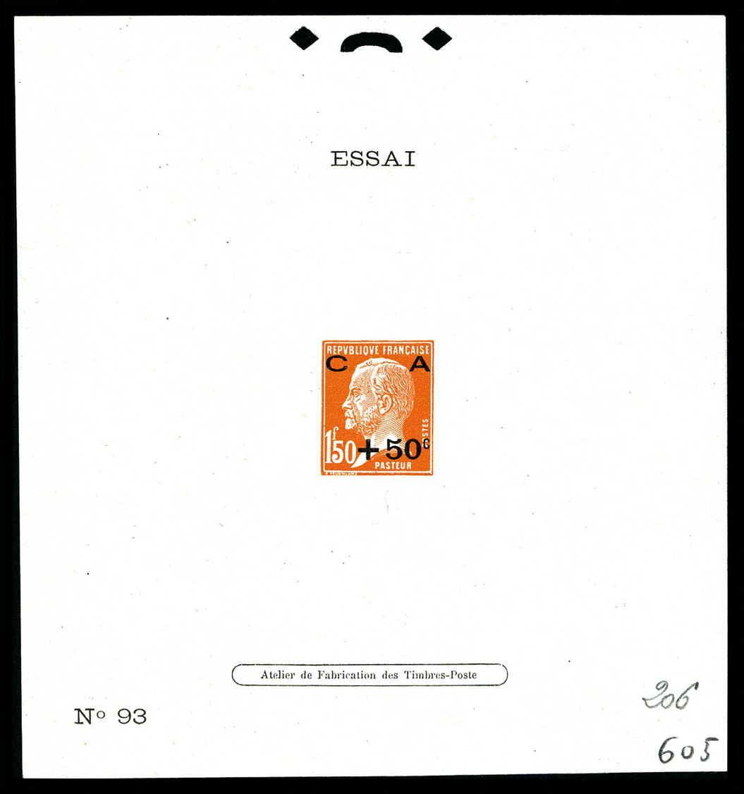 (*) épreuve D'atelier, Type Non émis: Mention 'Essai N°93' 1f50 Orange +50c Noir Pasteur CA, R.R.R Et SUP (certificat)   - Epreuves D'artistes